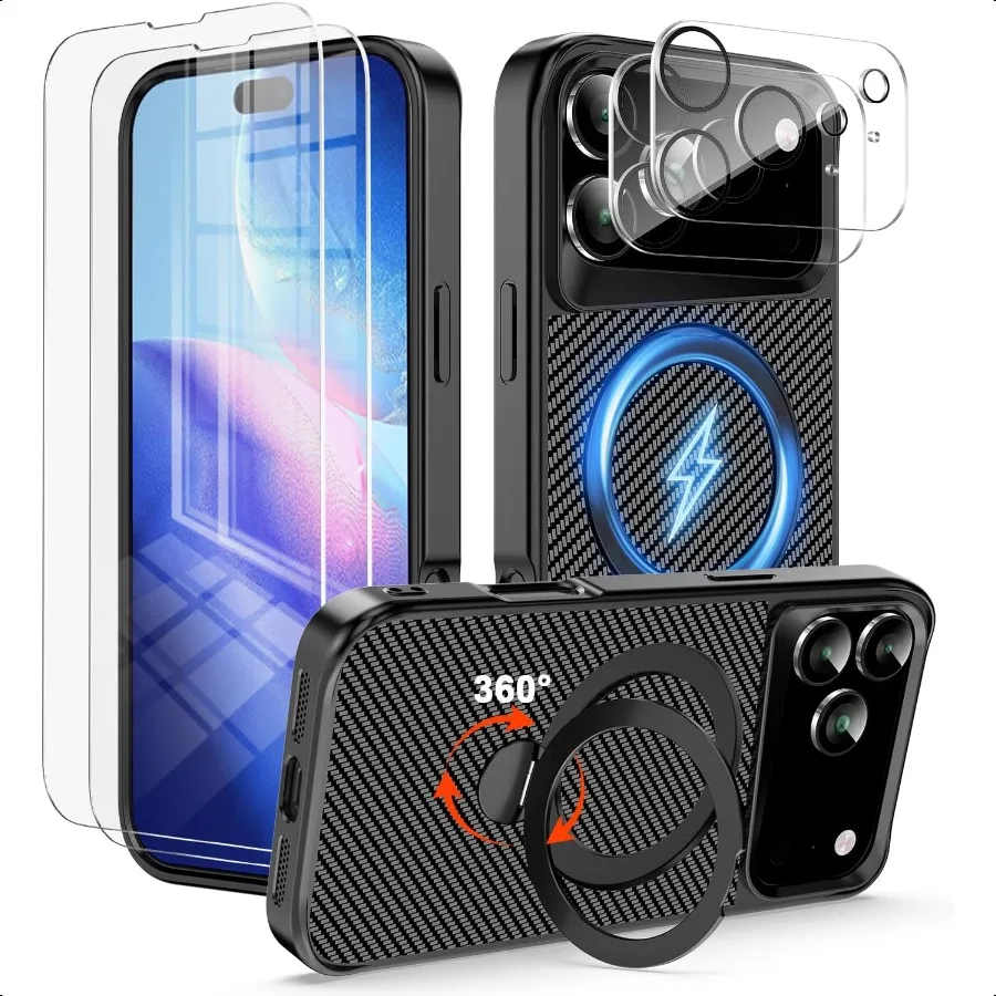 Etui na iPhone 17 Pro Max z magnetycznym stojakiem 360° [Kompatybilne z MagSafe] Ochronne etui z włókna węglowego + 2 sztuki szkła hartowanego
