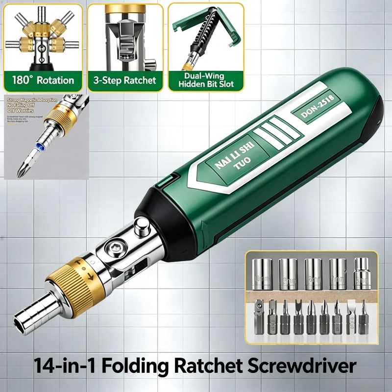 14-in-1 Magnetic Ratcheting Screwdriver 180° Swivel Folding Head 3-Setting Ratchet with Socket Kits Portable Hand Tool & DIY