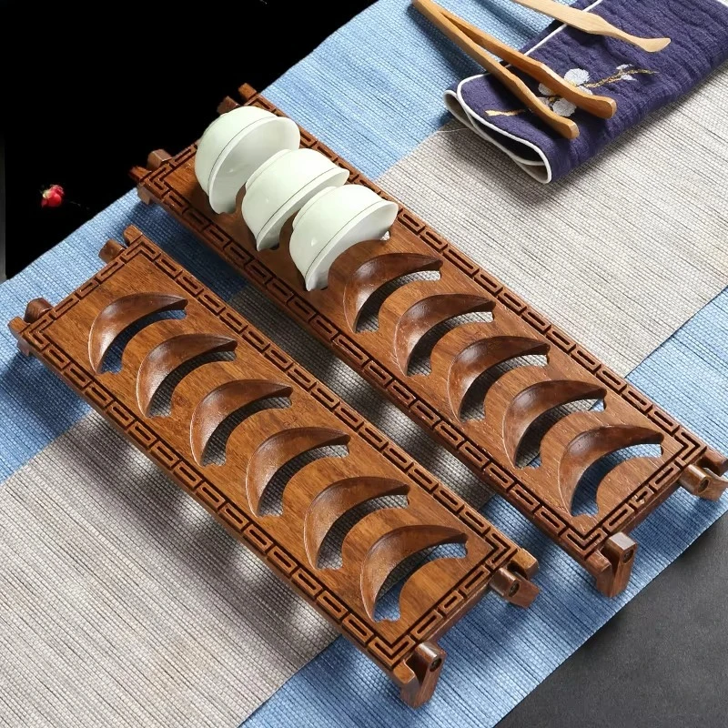 Solid Wood Ebony Single-Layer Teacup Rack Compact Tea Drying Stand Desktop Tea Storage Holder Chinese Style Tea Draining Tray