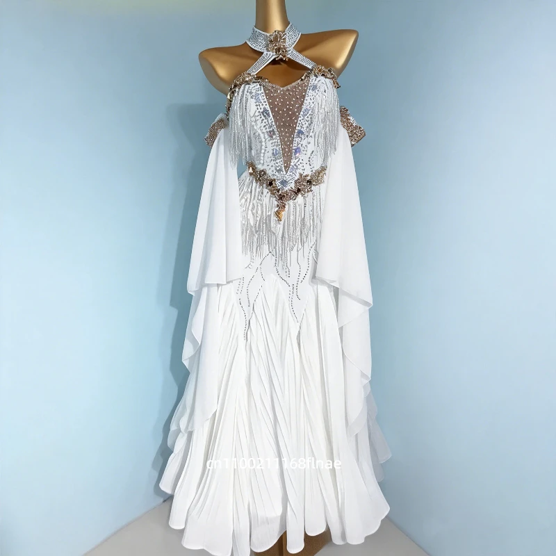 High End Modern Dance Competition Dress, Youth Professional Art Exam Costume, White Waltz Tango Performance Diamond Costume