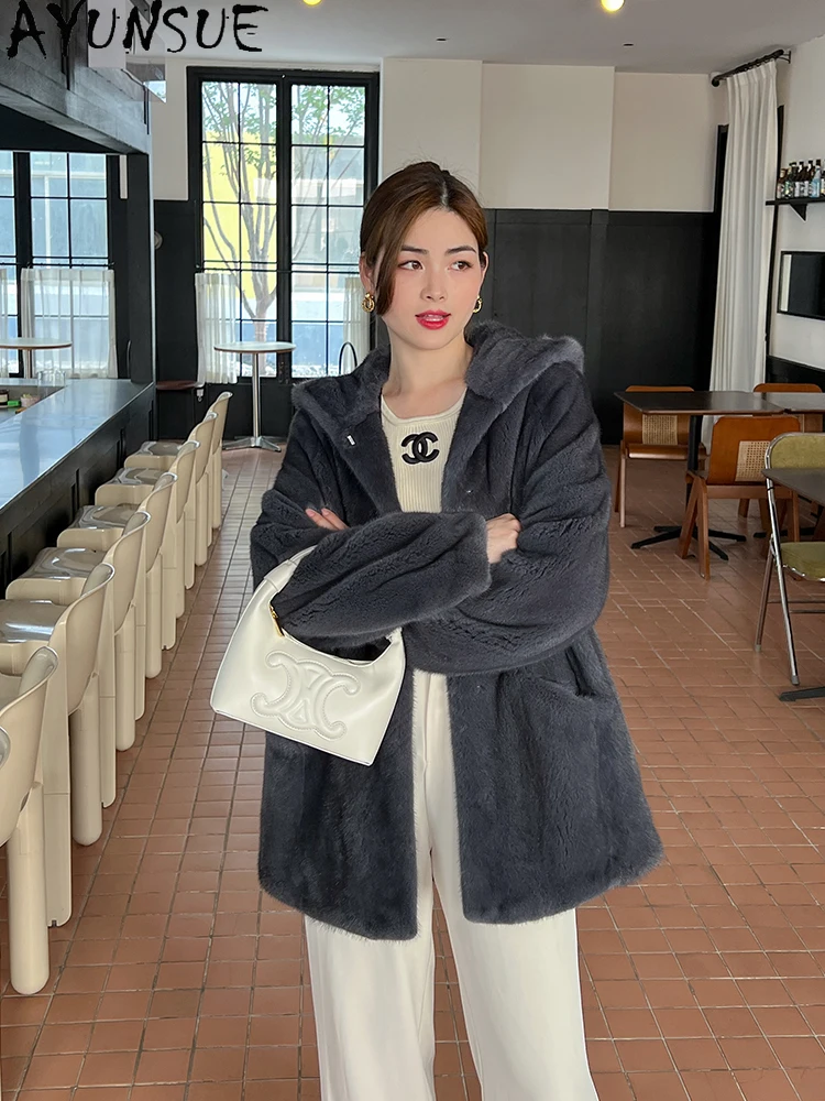 AYUNSUE سترة فرو المنك المخملية الطبيعية امرأة مقنعين الفاخرة كله المنك الشتاء سترة للمرأة الملابس عالية الجودة كوفتا С ميخيم