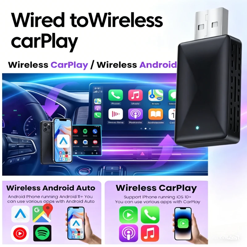 2026 NEW CarPlay Android Auto 2 in 1 Wireless Adapter Wired to Wireless Converter for Automotive Car Stereo