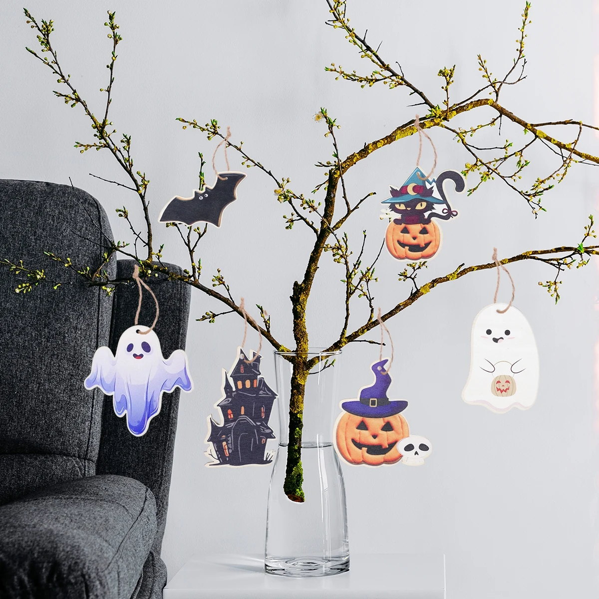 Halloween enfeites pendurados de madeira, abóbora, fantasma, porta pendentes, decoração do partido, tema, 6pcs, 2024