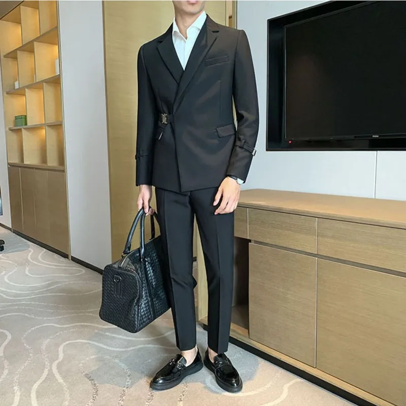 

Деловой черный мужской костюм, облегающий костюм из 2 предметов, Свадебный костюм для жениха, мужской повседневный костюм