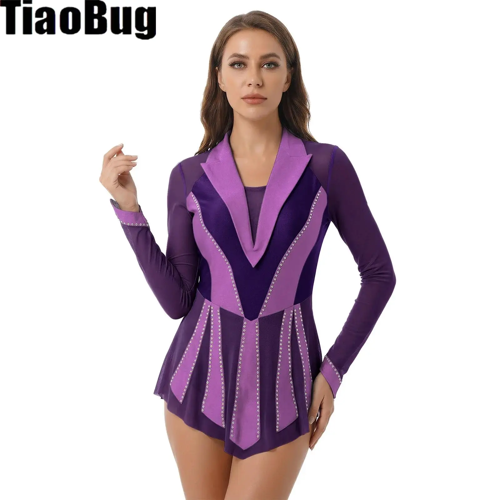 

Women Figure Skating Dresses Glittery Rhinestone Lyrical Sheer Mesh Patchwork Contrast Color Built In Briefs Ruffled Dresses