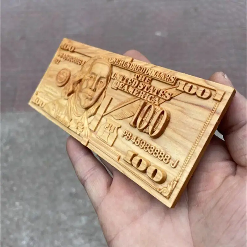 Thuja Wood Carved 100 Dollar Bill Money Plaque Handmade Realistic US Currency Replica Desktop Display Home Office Decor Gift
