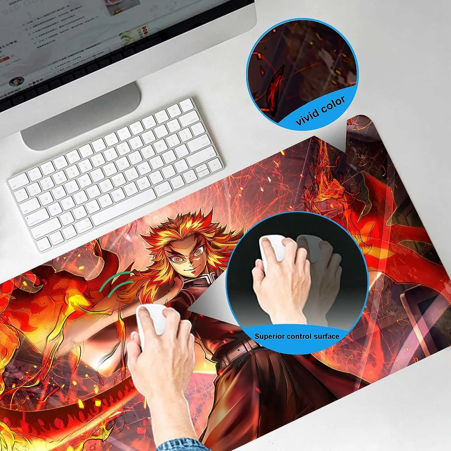 Demon Slayer Anime Fire Sword Big Mousepad with Non-Slip Rubber and Stitched Edgesfor Work Gaming Office Home 31.5X11.8 Inch