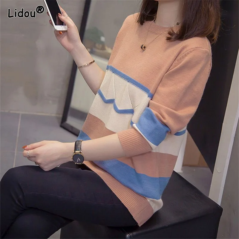 

Fashion Contrasting Colors O-Neck Thick Loose-fitting Striped Women's Clothing Spliced Casual Slight Strech Premium Pullovers