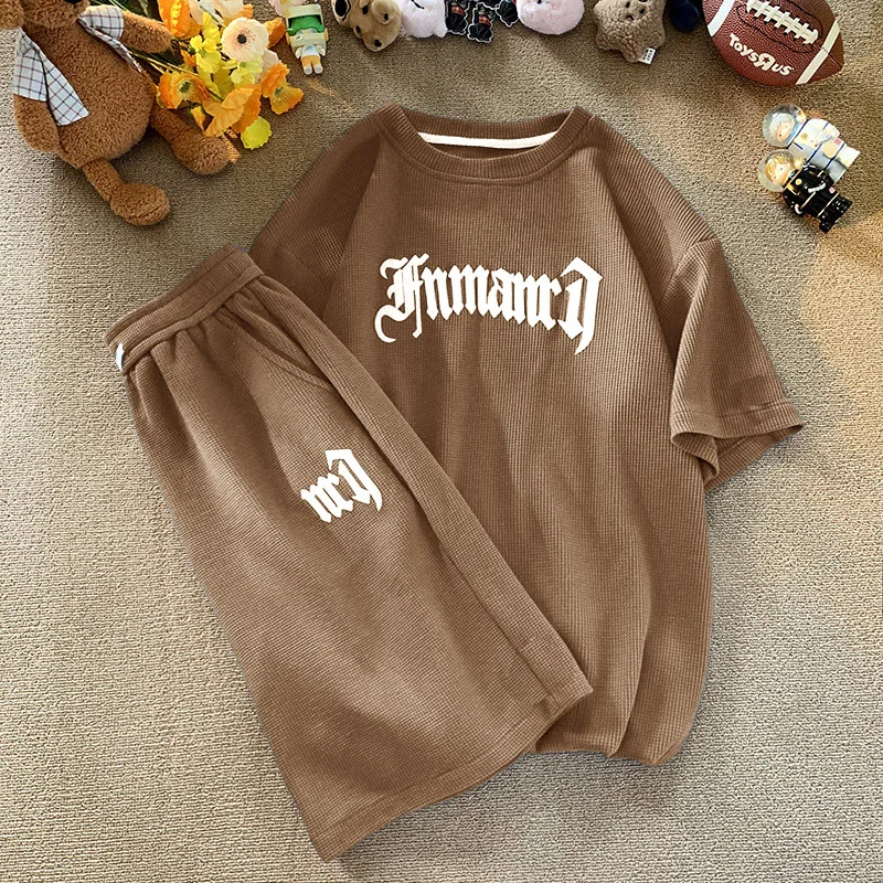 

Summer loose casual sportswear waffle set, men's loose short-sleeve T-shirt, sports shorts, 2-piece set