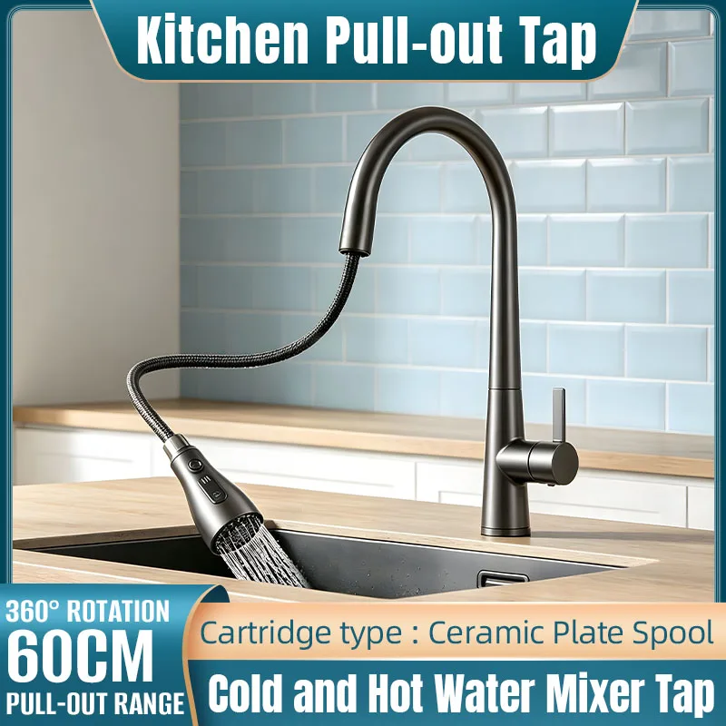 

60cm Pull-out Kitchen Faucet Easy To Install Adjustable Cold / Hot Water 360° Rotation Solid Brass Body 3-function spray