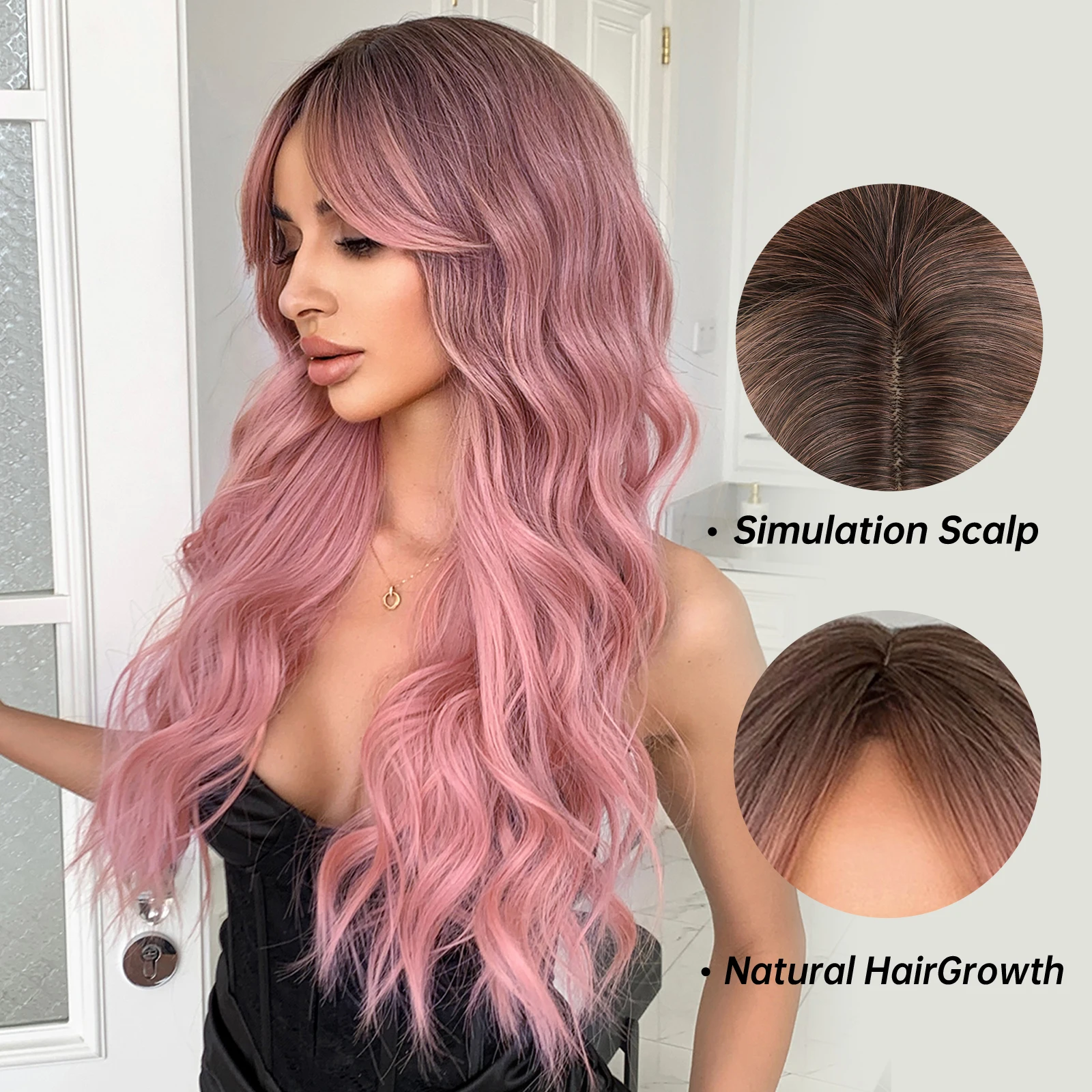 Pink Long Wavy Wigs with Bangs Synthetic Dark Roots Wigs for Women Natural Wave Fake Hair Heat Resistant Cosplay Party Use Wig