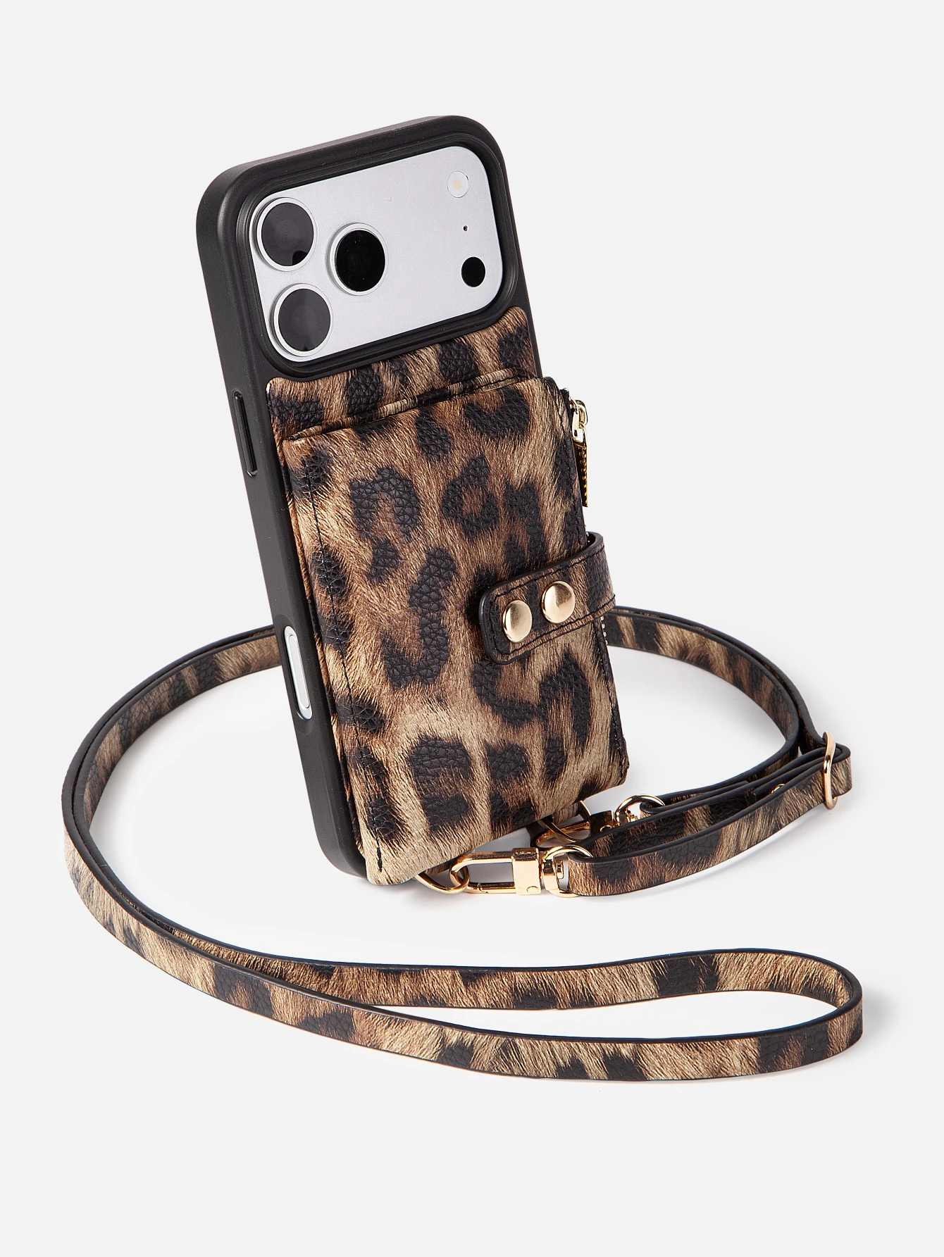 Handytasche mit Leopardenmuster, Doppelknopfverschluss, Kartenfach und Kettenband, geeignet für iPhone.