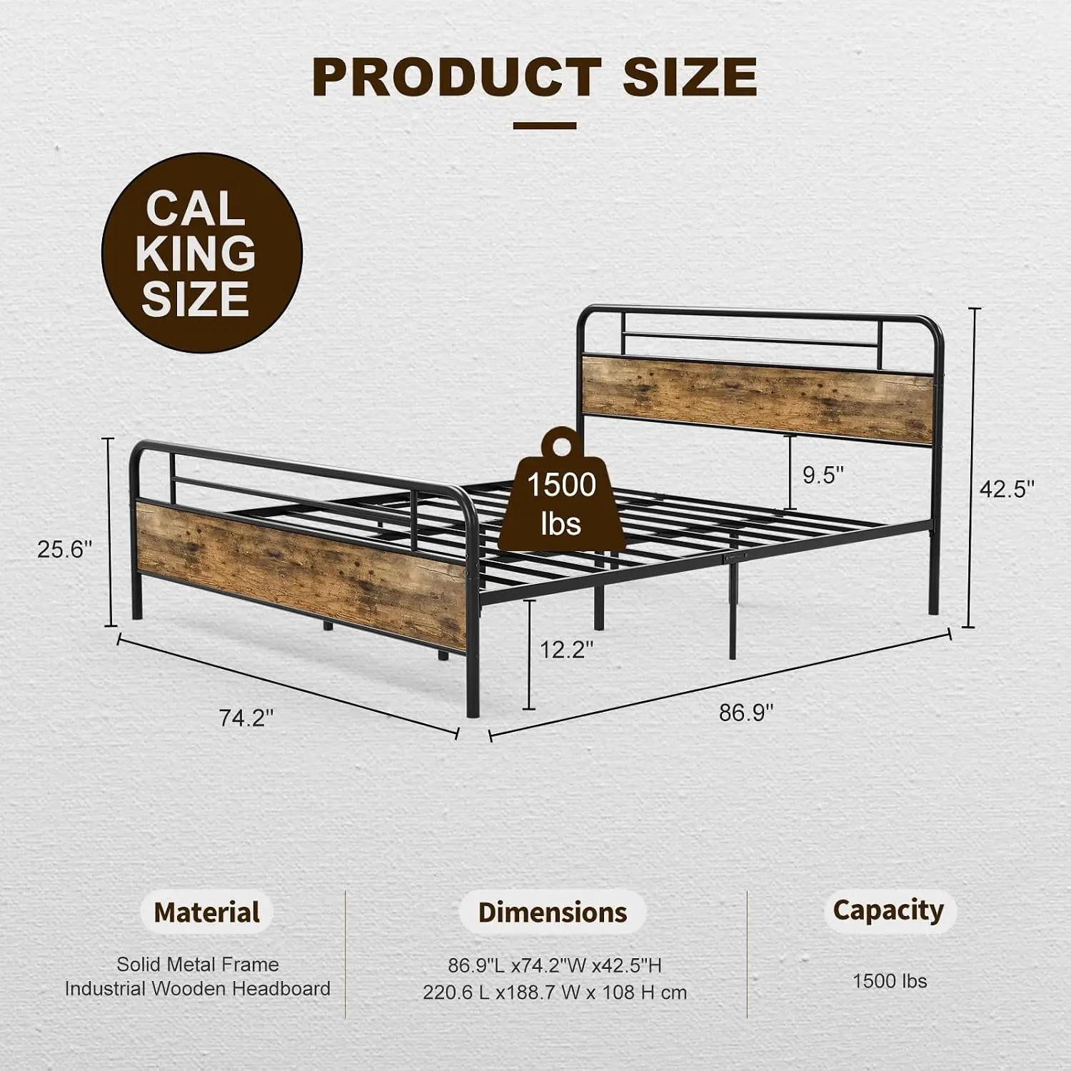Industrial California King Bed Frames with Wood Headboard Footboard | Farmhouse Metal Cal King Platform Bed, Heavy, Customized