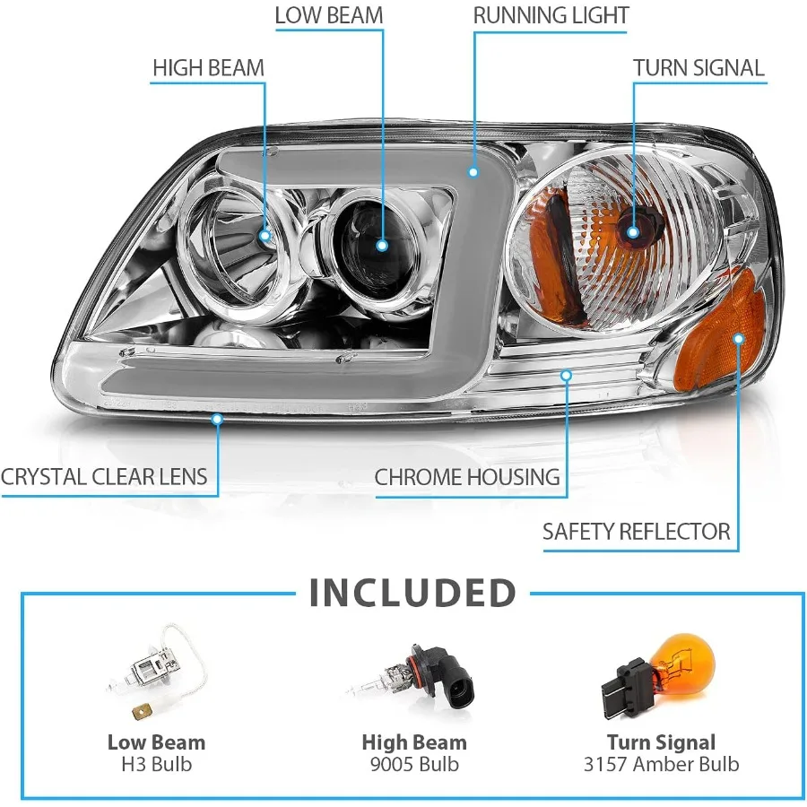 For 19972003  F150 Expedition Pickup Truck Chrome CType LED Tube Projector Replacement Headlights Set with Enhanced Visibility