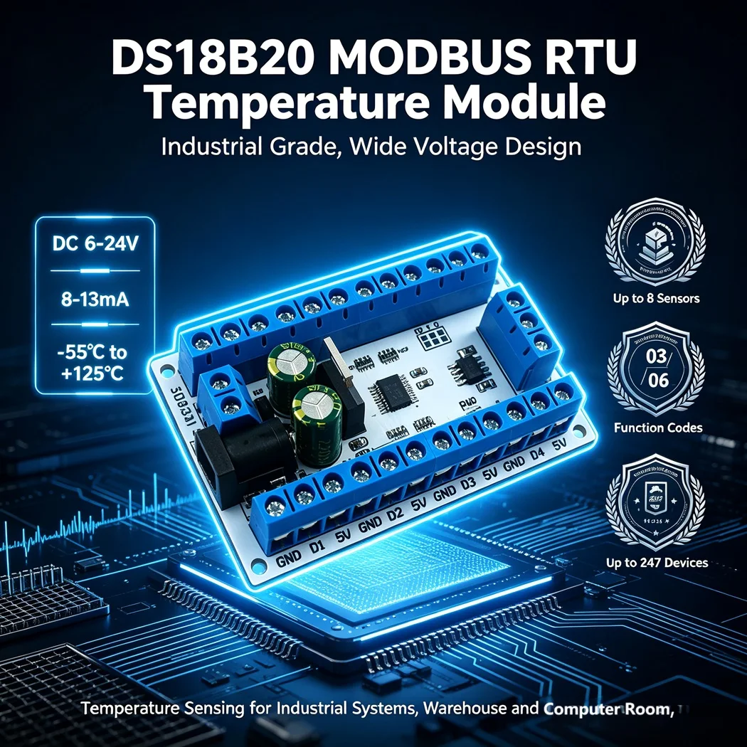 8 Channel DS18B20 Temperature Acquisition Module Modbus RTU DC6-24V Support PLC Industrial Temp Monitor Digital Thermometer
