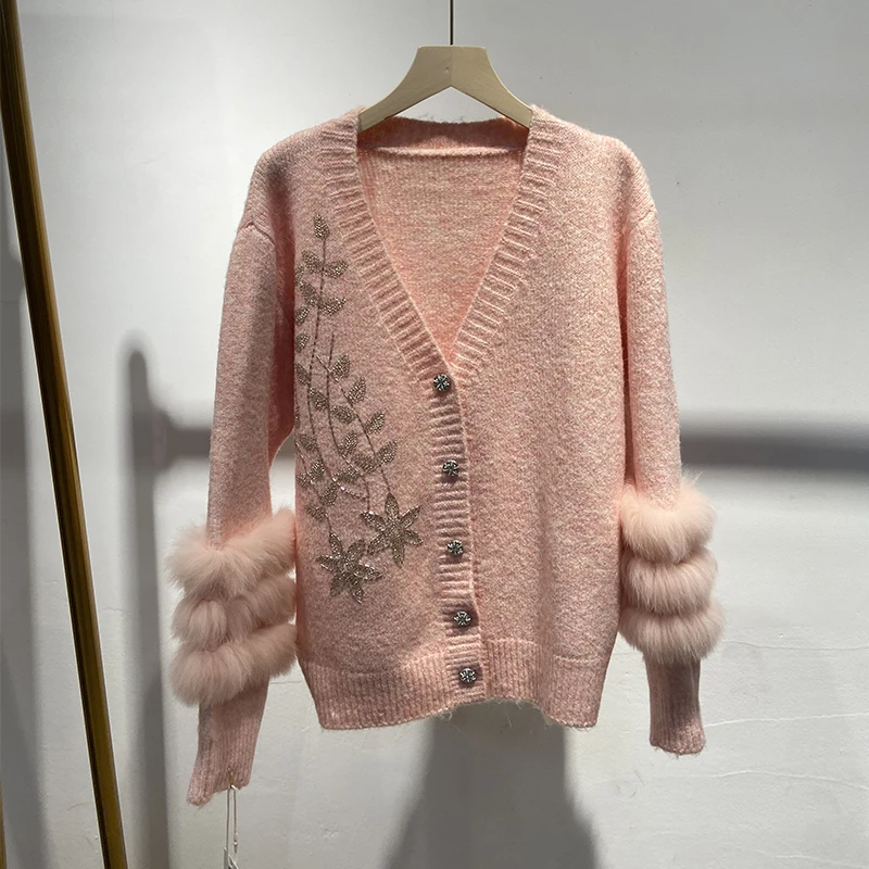 2025 outono feminino real pele de raposa camisola de pele real primavera especial grânulo decoração design jaqueta de malha wear