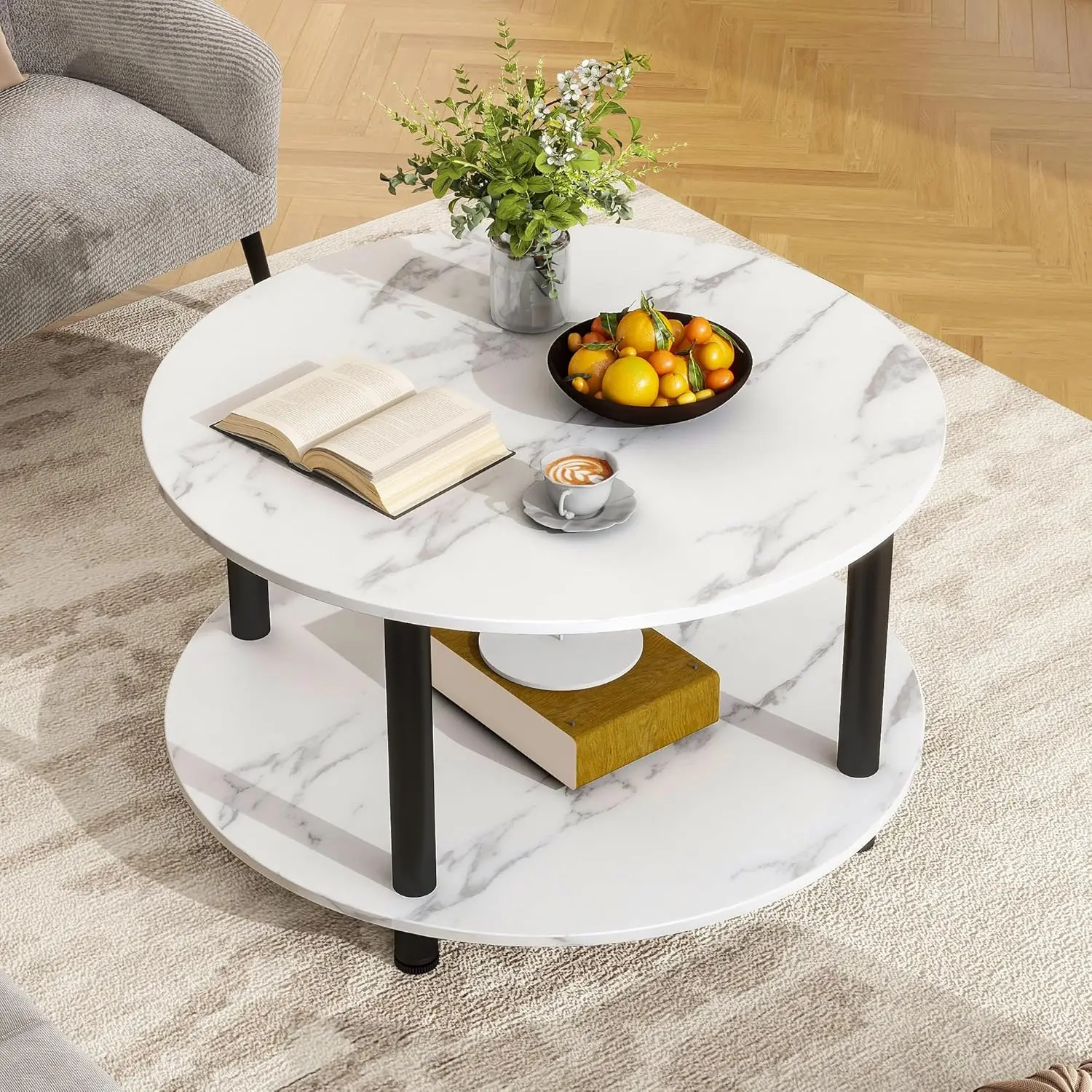 

Round Coffee Table, 2-Tier Small Circle Coffee Table with Storage Modern Center Accent Table with Metal Frame Side Table