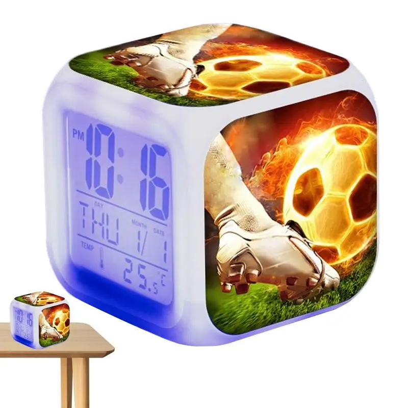 Creative Football Alarm Clock Night Light Color Change 7 Colors Led Desk Home Decor Kid Alarm Clock Bedside Alarm Clock Decor