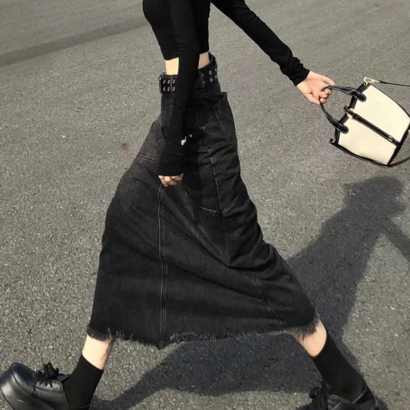Denim Skirts Women High Waist Distressed Vintage American Streetwear Ulzzang  Students Spring Chic Trendy Gothic Faldas
