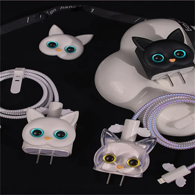 Cute Cartoon Transparent Cat Protector Organizer Data Line Management Charging Safe Winder For IPhone IPad 11 12 18W-20W Charger