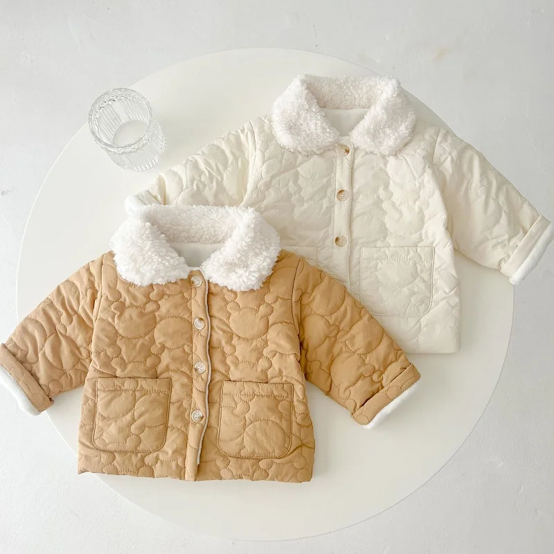 

Newborn clothes new girls and boys quilted plus velvet coat baby lapel pocket cotton coat autumn and winter coat baby clothes