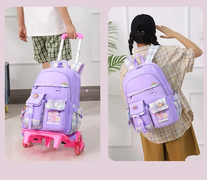 2023 Student School Bag Rolling Backpack Kids Trolley Bag Girl School Backpack Multifunctional Child Waterproof Backpack Wheels