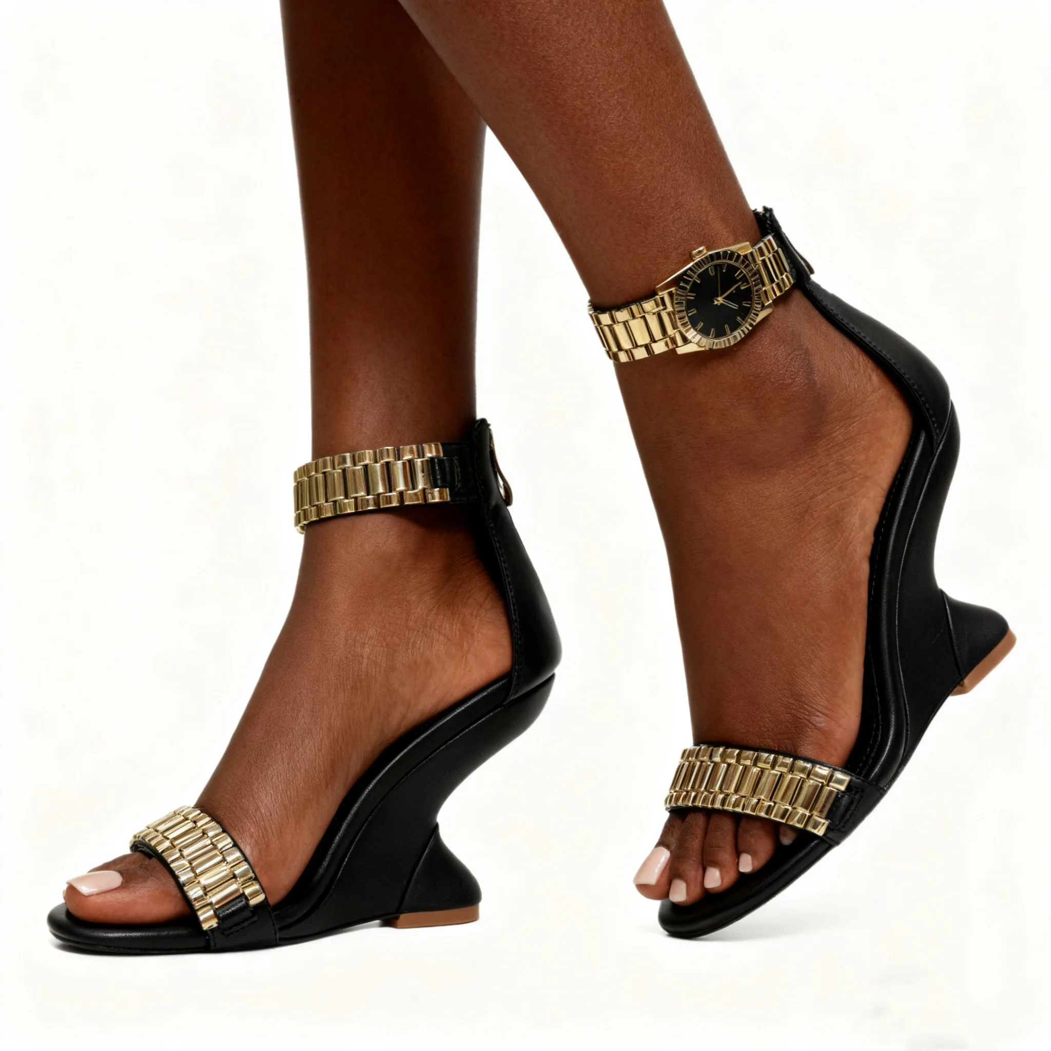 

Black PU Leather Round Toe Metal Watch Summer Women Sandals Strange Style High Heels Back Zipper Design Large Size Shoes