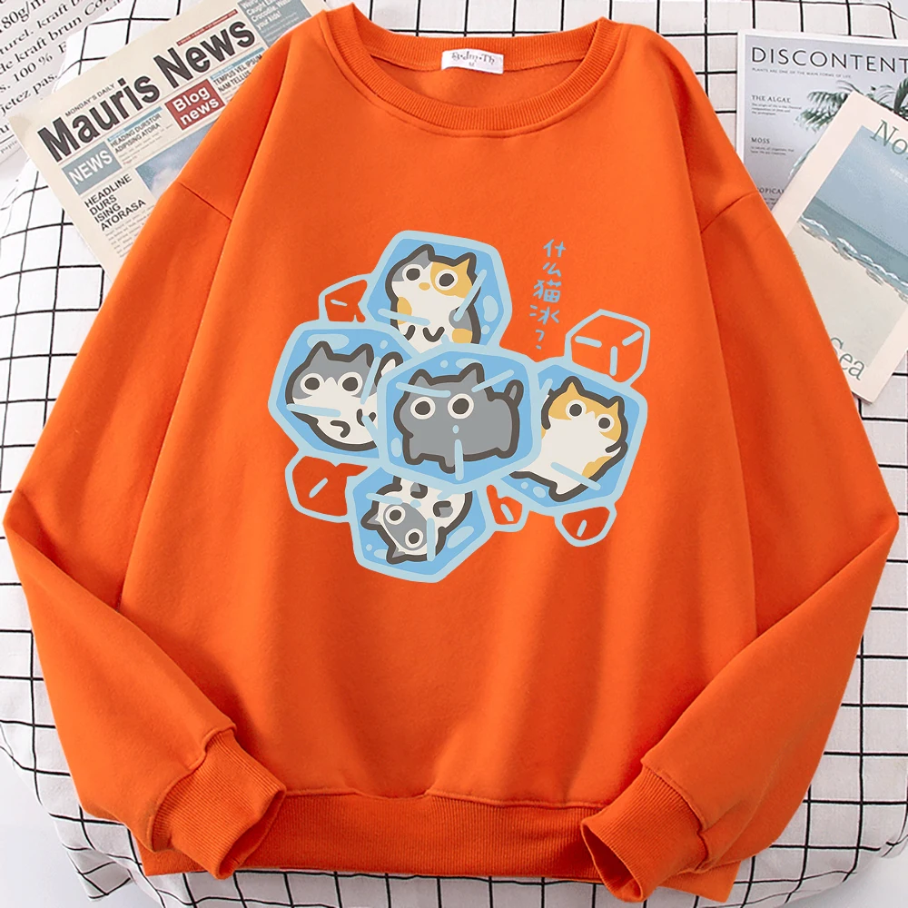 Ice Cat Fun Cartoons Cats Cute Print Sweatshirt Men Women Harajuku Crewneck Hoodie Autumn Prints Sportswear Hip Hop Loose Hoody