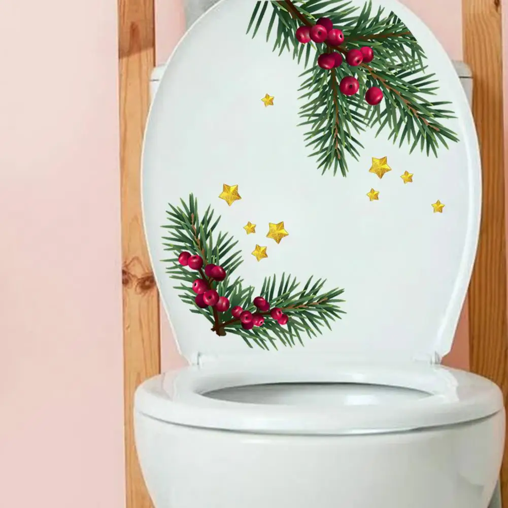 Toilet Decal Festive Christmas Toilet Sticker Pinecone Green Plant Leaves Easy Peel Stick No Residue Beautify Bathroom Decal