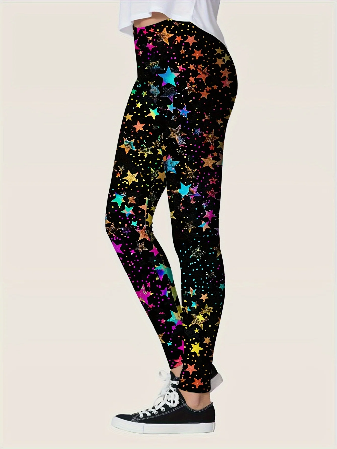 Women Fleece‑Lined Leggings Colorful Rainbow Star Print Mid‑Waist Winter Warm Casual Bottoms - view 3