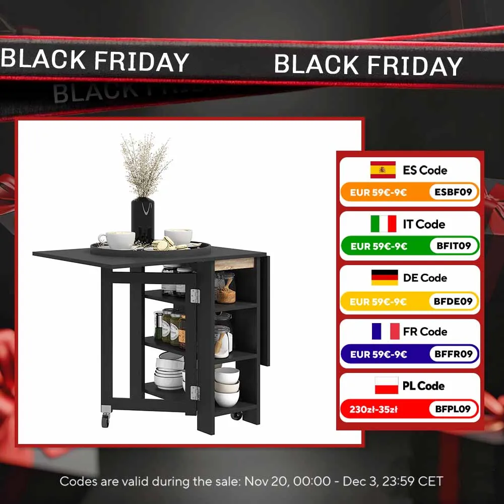 HOMCOM Mesa de Cocina Plegable con Alas Abatibles 2 Ruedas y Estantes Estilo Moderno 120x60x75 cm Negro