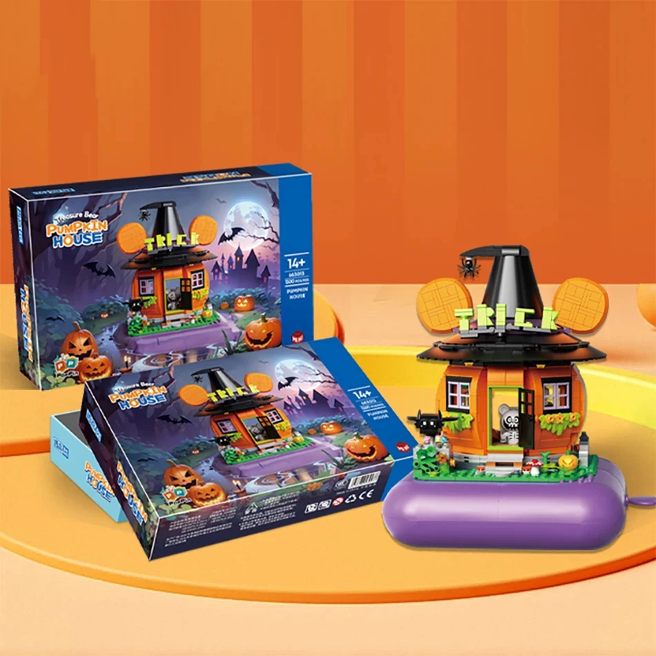 

Bear Street View Building Block Pumpkin House Bricks Halloween Trick Or Treat Ghost Magic Music Box Educational Toy For Kid Gift