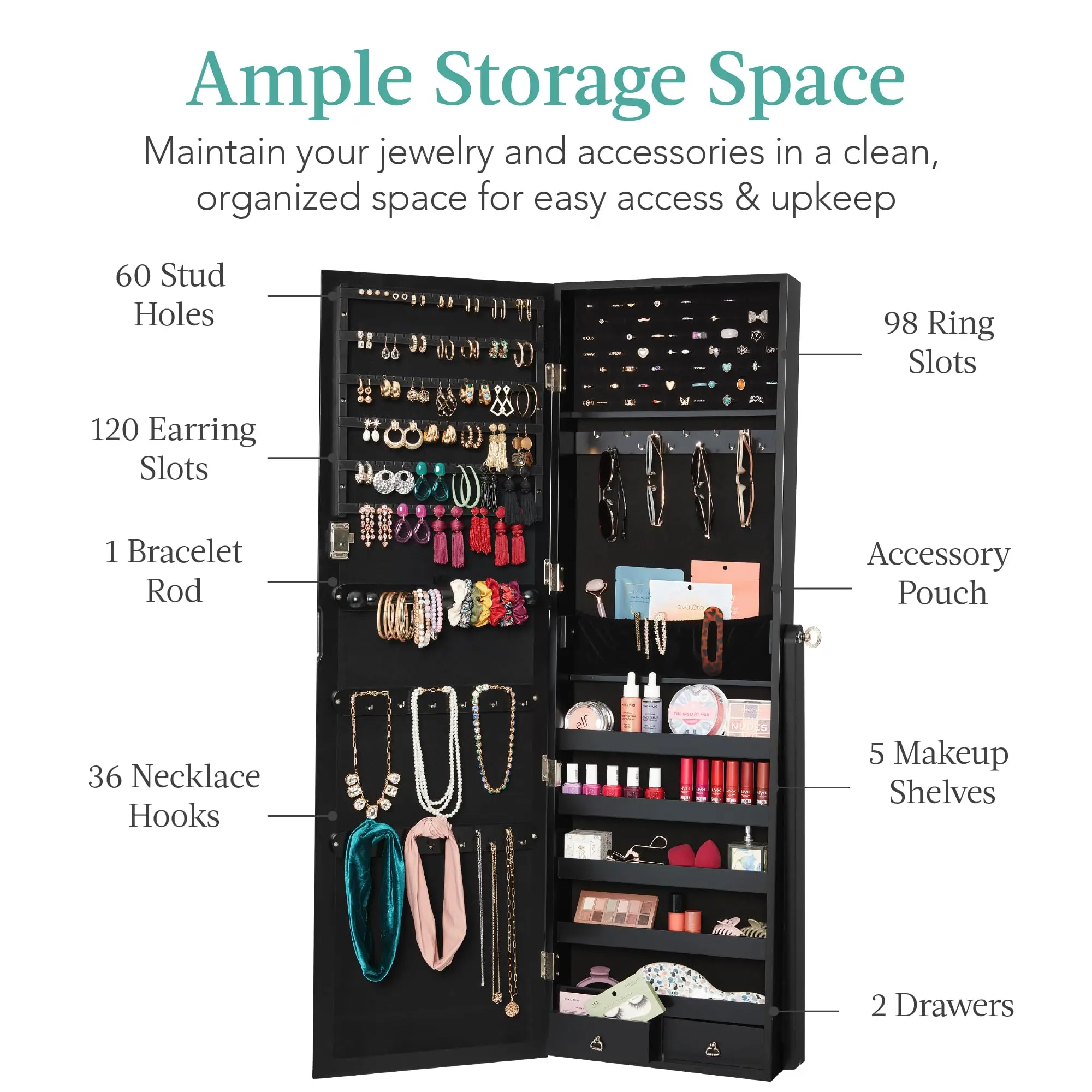 Freestanding Jewelry Armoire Cabinet, Full Length Standing Mirror, Lockable Makeup Storage Organizer, w/Velvet Lining
