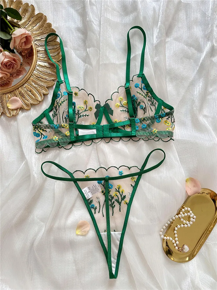 Sexy Bra Brief Sets for Women Embroidery Floral Romantic Lingerie Green Transparent Lace Underwear Thong See Through Exotic Set