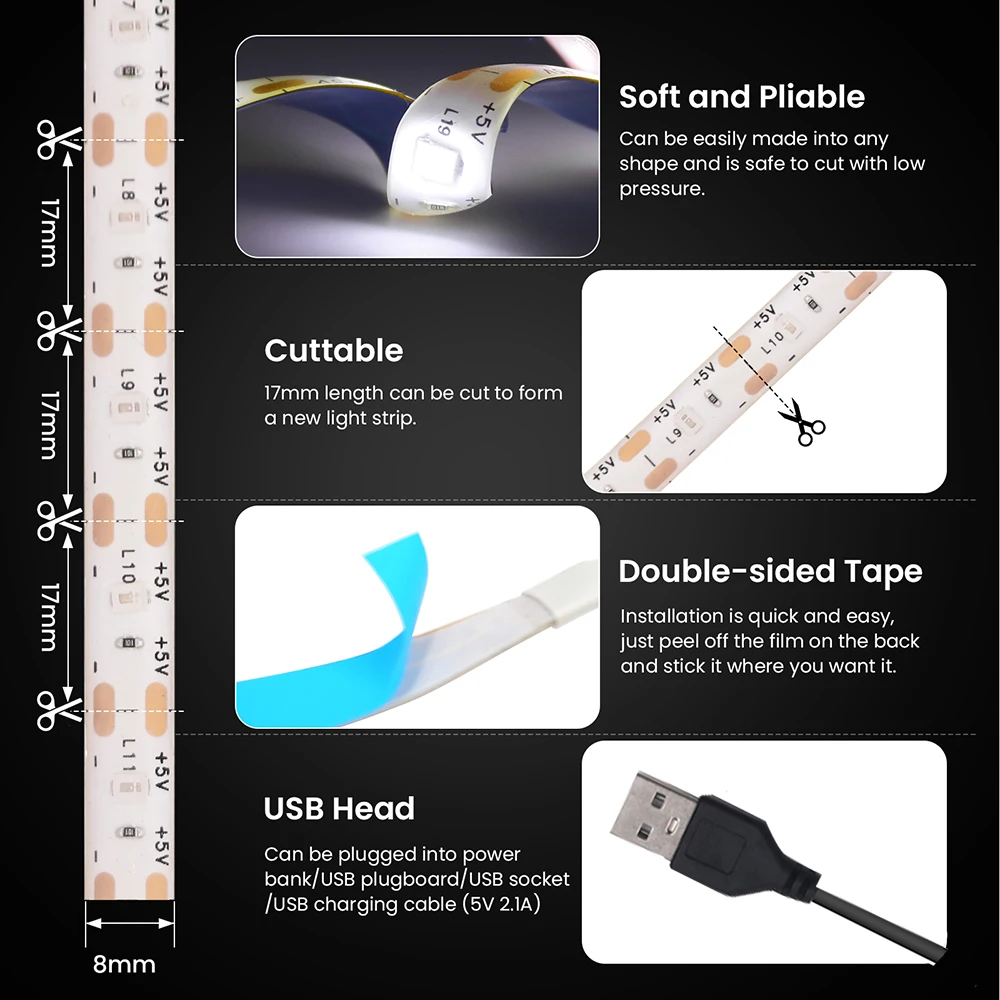 5V USB 2835 LED Strip Touch Dimmer Kit Light Tape Flexible 60LEDs/m DC Under Cabinet Lights Night Lamp Waterproof 0.5M 1M 2M 5M