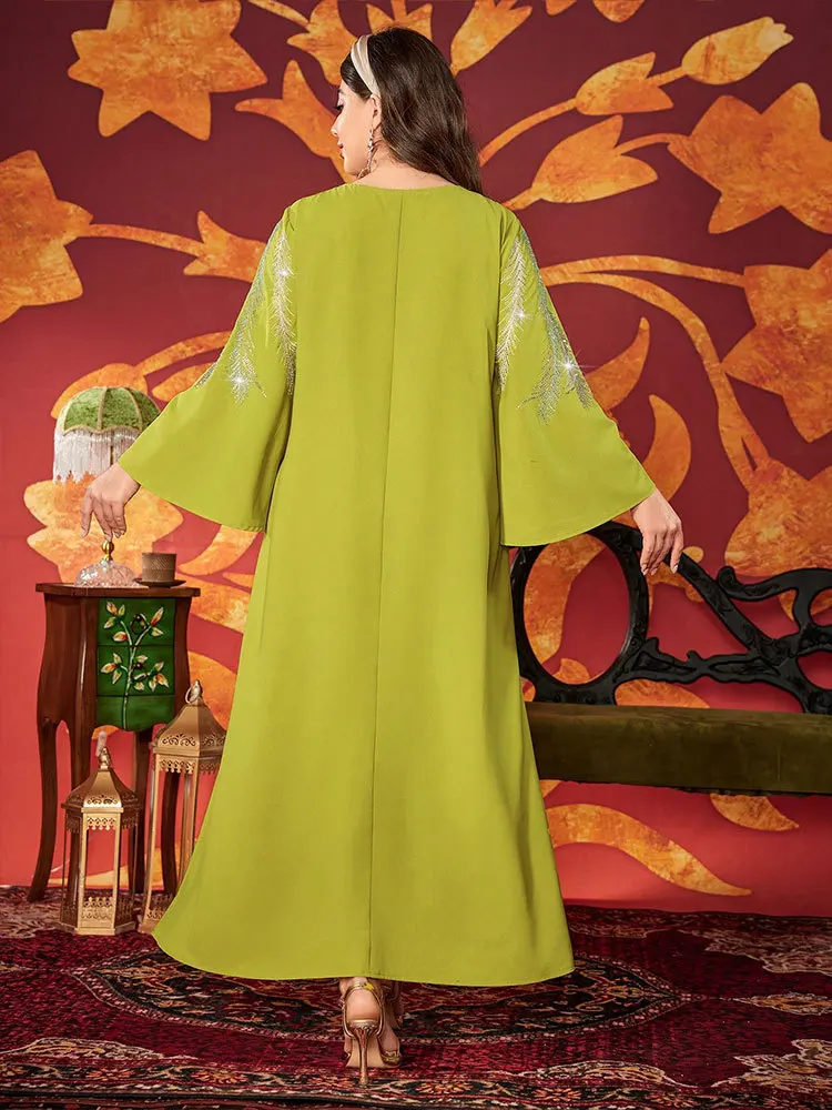 Middle East Muslim New Fashion Women's Plus Size Diamond Studded Casual Trendy Loose Elegant O-neck Ceremonial Dresses Female