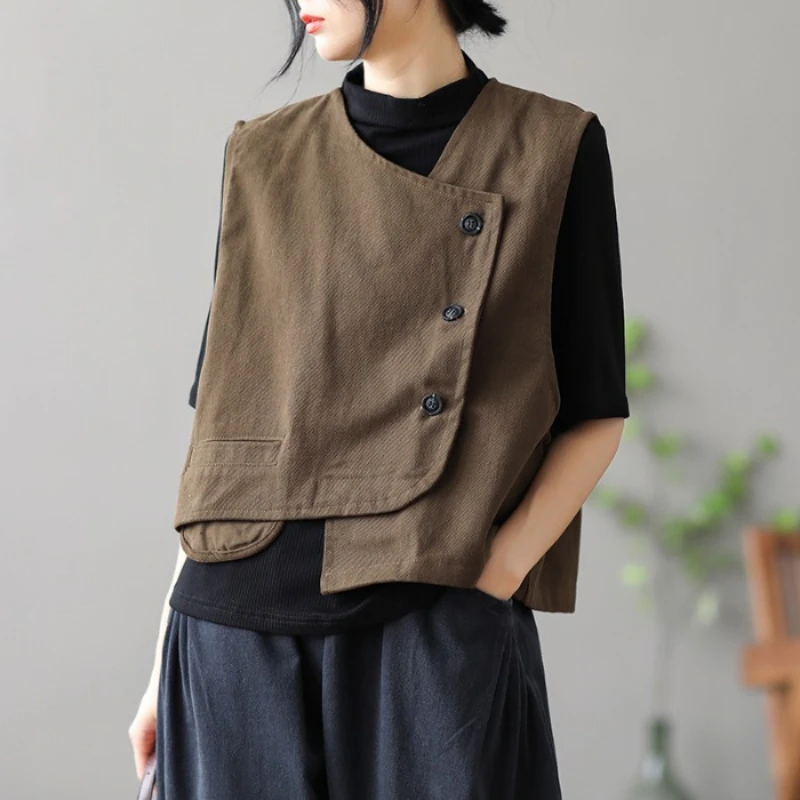 

Vintage Vest 2022 Asymmetrical Button Short Loose Casual All Match V-Neck Female Outwear Coats Top Quality