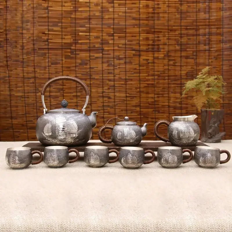 ชุดน้ำชาเงินสเตอร์ลิง ลายค้อนเรียบลื่น ขาตั้งเงิน สำหรับใช้ในบ้าน ชงชา