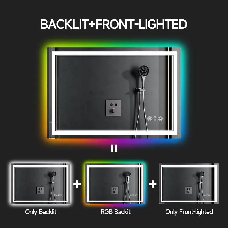 مرآة حمام ذكية LED بدون إطار مقاس 55 × 36 بوصة مع إضاءة خلفية RGB #6
