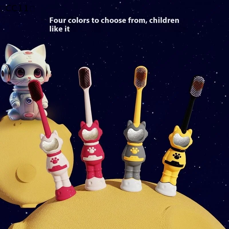 

〔CC11〕2 Pcs Kids Toothbrushes Cartoon Space Cat Shape Soft Bristles Beam Split Flocking Safe For 3-12 Years Old Children