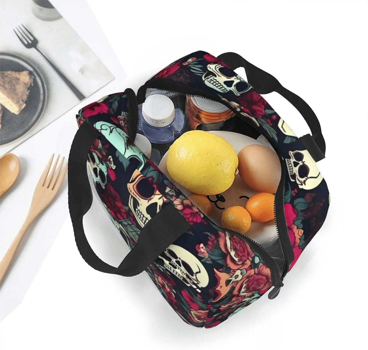 Bolsa de almuerzo con aislamiento con estampado de calaveras florales coloridas, fiambrera reutilizable con bolsillo frontal para trabajo y contenedor de Picnic impermeable