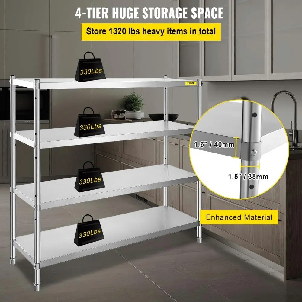 Stainless Steel 60x18 Inch Heavy Duty 4 Tier Adjustable Storage Rack for kitchen Office Garage 330lb Capacity Per Shelf