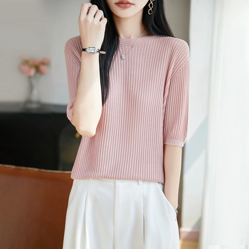 Summer New Women's Short Sleeve Round Neck Knitted 100% Lyocell T-shirt Basic Women's Pullover Short Sleeve Fashion Hot Sale