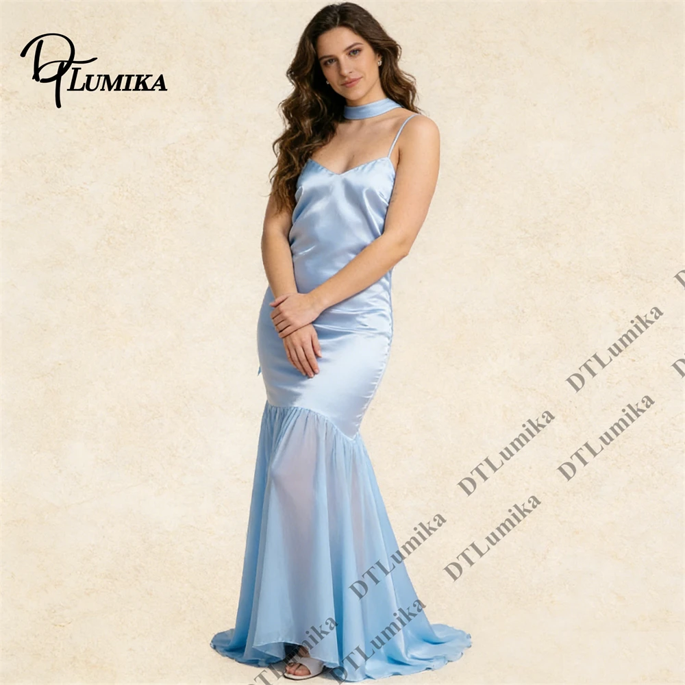 DTLumika - Customized Semi-Formal Dresses for Women with Scarf Neck, Spaghetti Straps Long Satin Chiffon Match Party Prom Gown