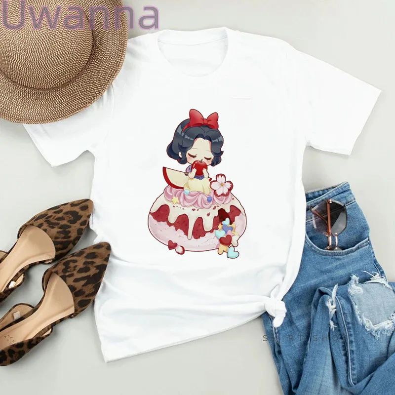 Kawaii Tangled Princess Women T-shirt  Ariel Anime T Shirts Cute Food Cartoon Casual Clothes Oversized Unisex Fashion Streetwear