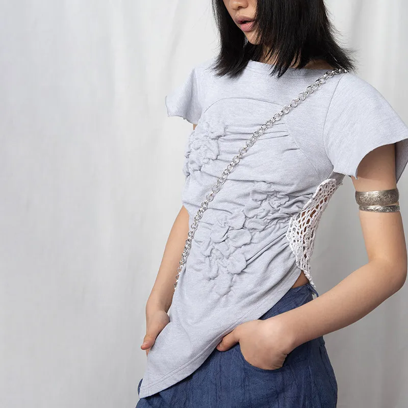 BPN Fashion Patchwork Lace T Shirts For Women Round Neck Short Sleeve Spliced Appliques Casual Slimming T Shirt Female Clothing