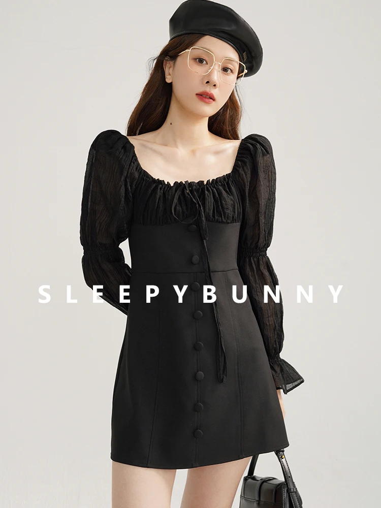 

Vintage Puff Sleeve Mini Dress Women Tie Front Square Neck Short Dress High Waist Slim Fit Spring Outfit for Elegant Daily Look