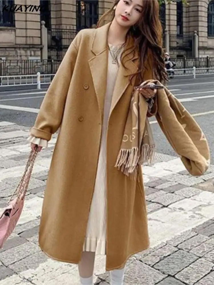 

Autumn Winter Women's Coat Casual Loose Vintage Solid Chic Woolen Outerwears Warm Overcoat Female Fashion Cloak New Clothes