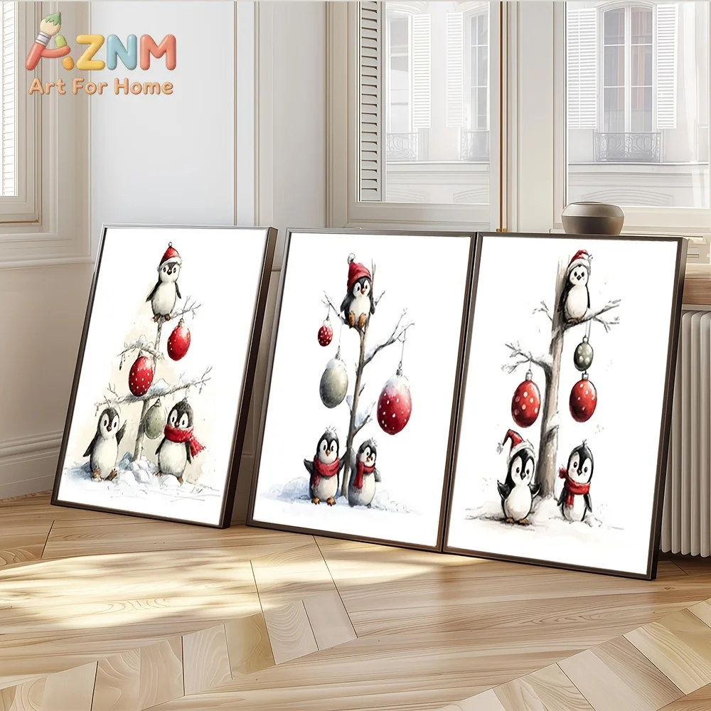 AZNM Christmas Penguin Canvas Wall Art Winter Snow Xmas Ball Ornament Watercolor Frameless Canvas Painting Kids Room Holiday Hom