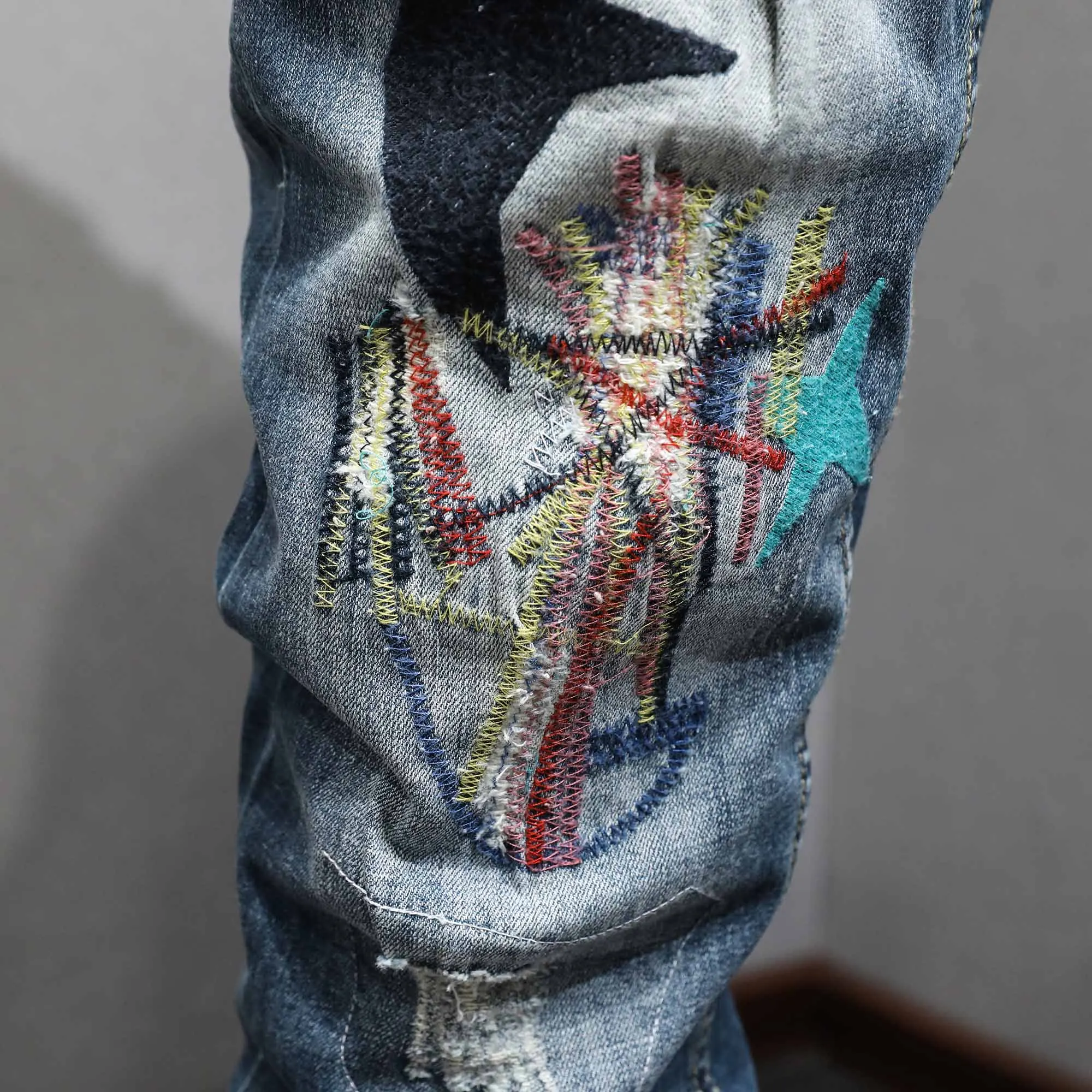 Straße trend ige Mode Männer Jeans Retro blau Stretch Stickerei schlanke zerrissene Jeans Männer gepatchte Designer Hip Hop Jeans hose Hombre